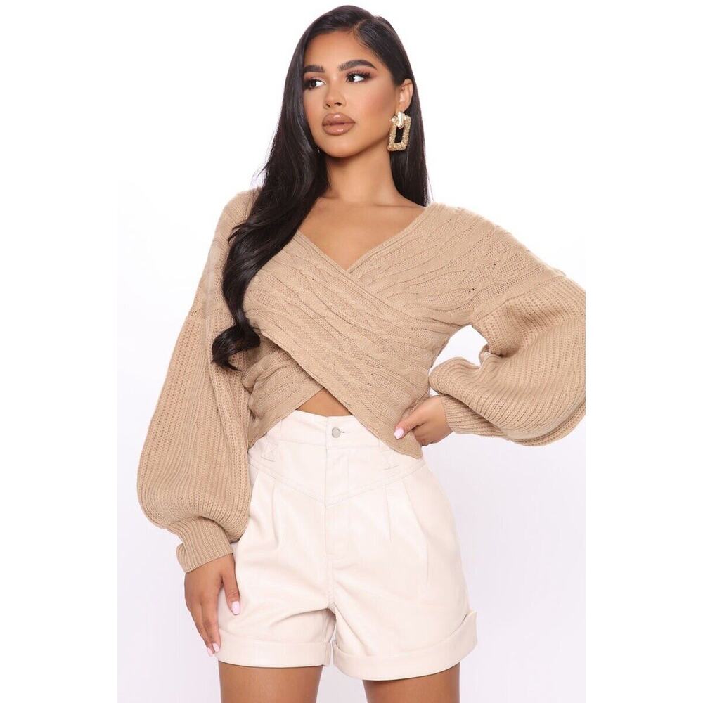 FASHION NOVA Sweater Womens Size 1X Keep It Chic Off the Shoulder Tan Top Crop